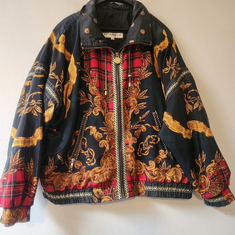 Vintage‎ Giacca Sport Jacket Medium Black Gold Plaid Baroque Puffer Zip Up Plaid